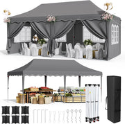 Gazebo 3x6 Pieghevole Impermeabile, altezza 290–300–310 cm, Protezione UV 50+, Tenda con 4 Pareti Laterali, 12 Ganci, 6 Corde e 6 Sacchi di Sabbia, Gazebo da Giardino per Campeggio, Matrimoni, Grigio