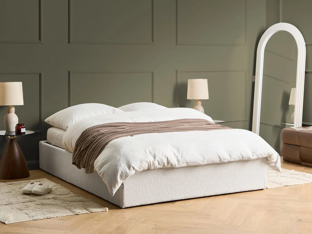 Letto matrimoniale con contenitore in tessuto bouclè bianco sporco 140 x 200 cm portaoggetti stile moderno