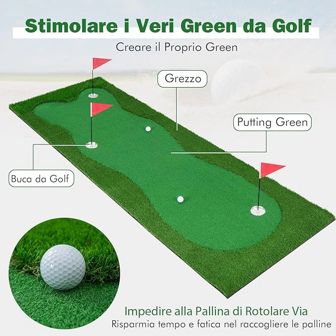 Tappetino da Golf Professionale, Campo da Golf con Erba Artificiale Realistica, 3 Buche, 3 Bandierine e Tazze per l'Allenamento Interno ed Esterno, 300 x 100 CM