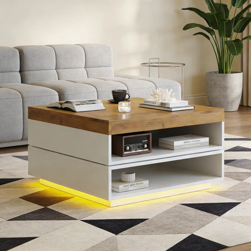 TAVOLO da caffè 65x65x40 cm girevole 360° MDF bianco e legno con LED