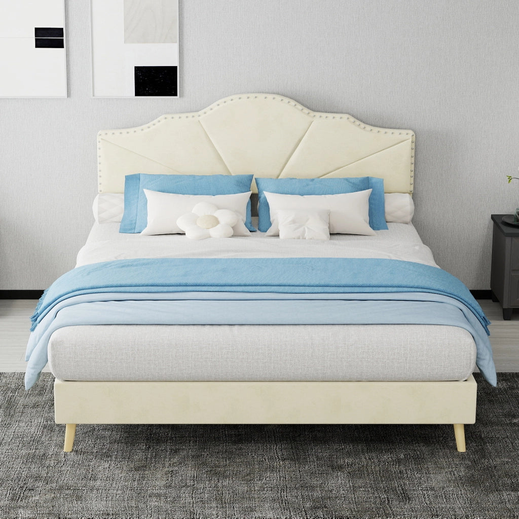 Letto 140x200 cm in tessuto beige con testiera e materasso, per camera -