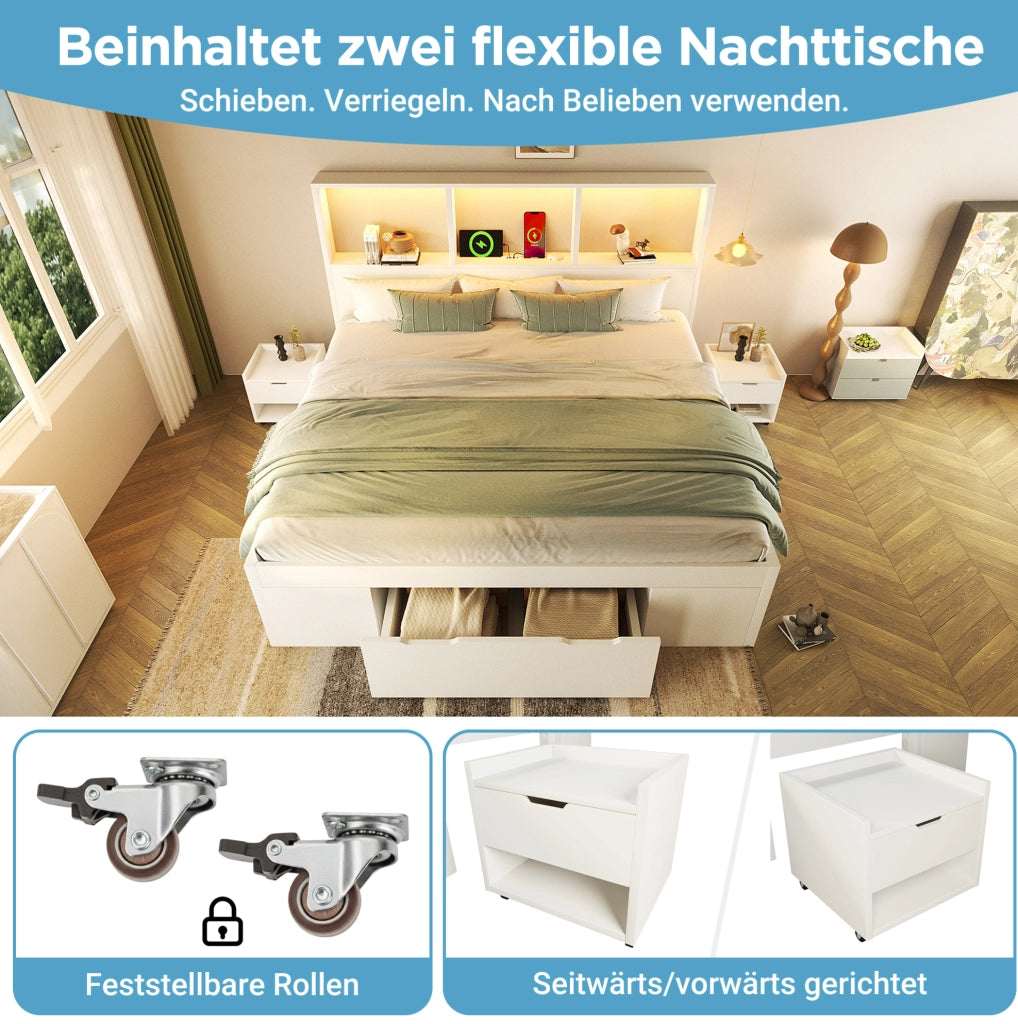Letto 140x190 cm con testiera LED; 2 comodini mobili; cassetto e prese USB Type-C; bianco