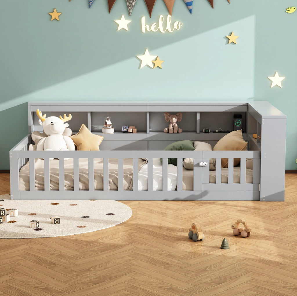 Letto singolo 90x200 cm con USB, presa e vano contenitore grigio