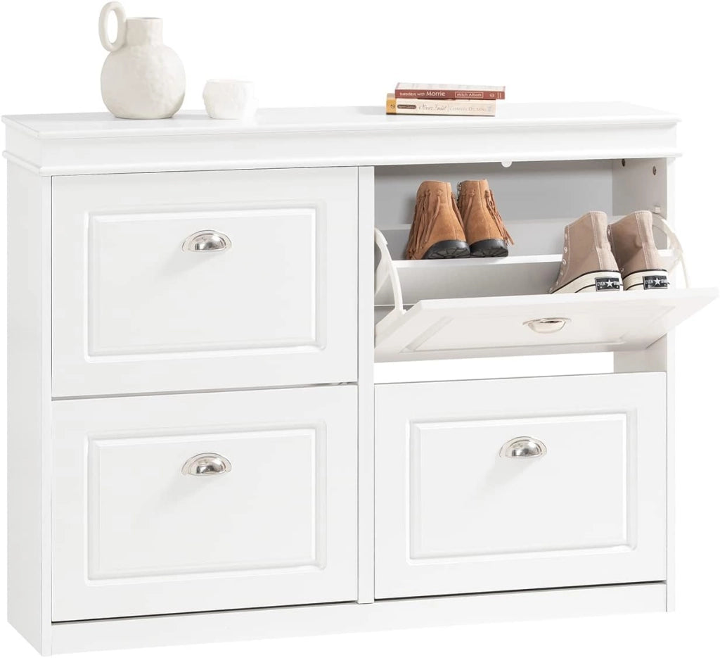 Scarpiera Salvaspazio Slim Mobiletto da Ingresso con 4 Ante a Ribalta, Armadio Portascarpe Scarpiera Moderna per Ingresso, Corridoio o Camera da Letto 105x24x83cm Bianca FSR79-W