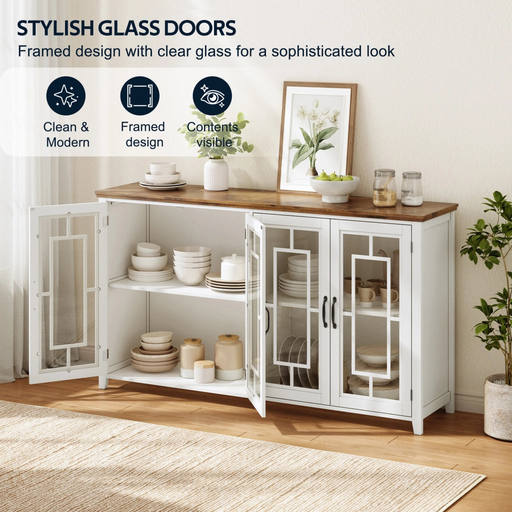 Credenza con 2 ante in vetro e 2 vani contenitore, piano effetto legno per cucina e soggiorno, bianca 160 × 40 × 86 cm