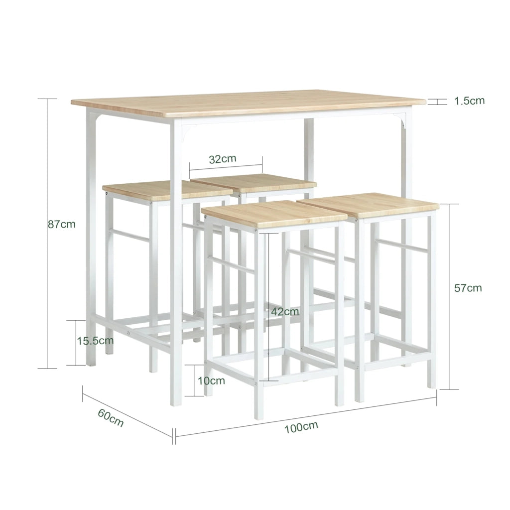 Set 5 Pezzi Tavolo con 4 sgabelli Mobile Bar per casa Stile Industriale L100*P60*A87 cm Bianco OGT11-WN