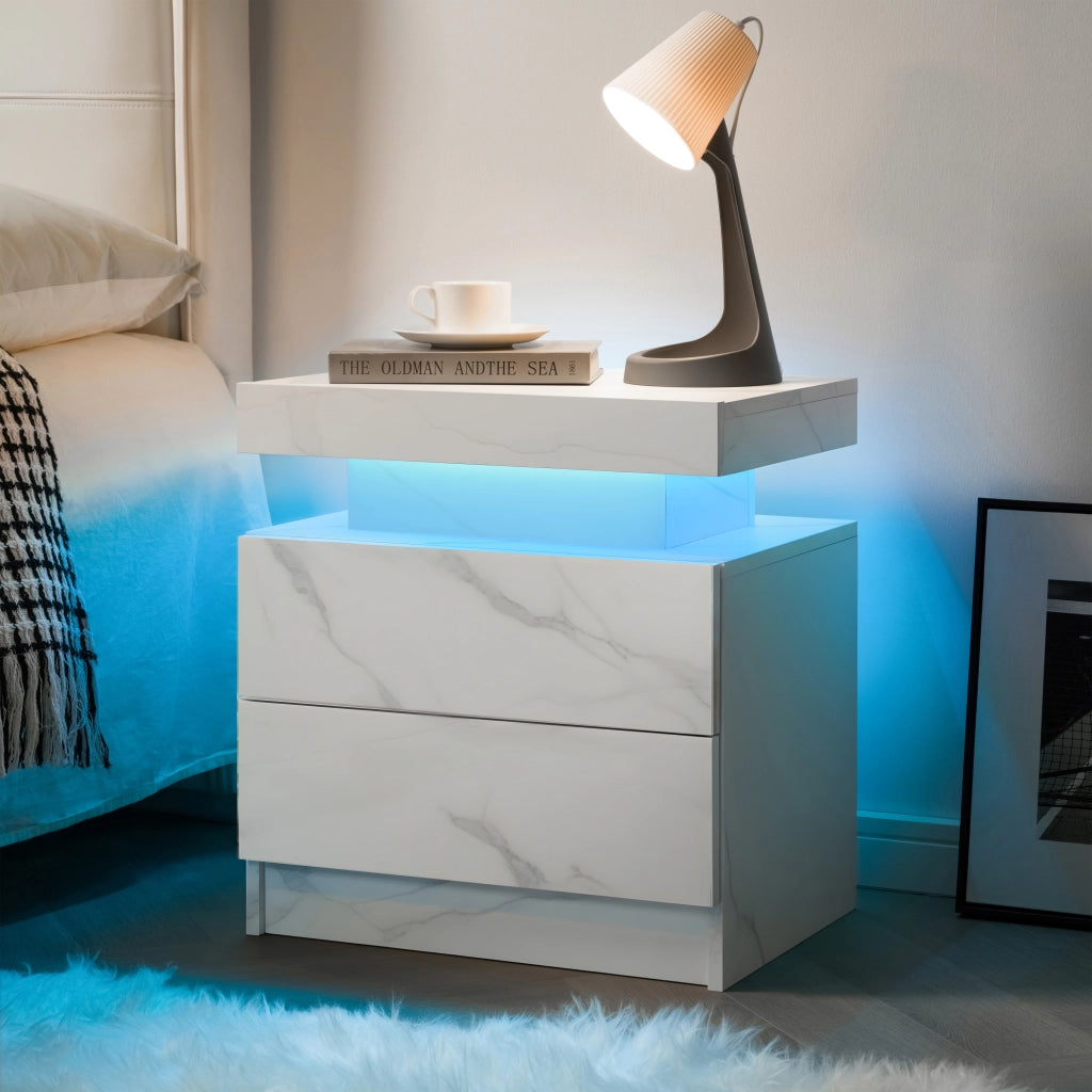 Comodino con LED regolabili, 2 cassetti e vano aperto, per camera da letto, bianco opaco, in legno ingegnerizzato