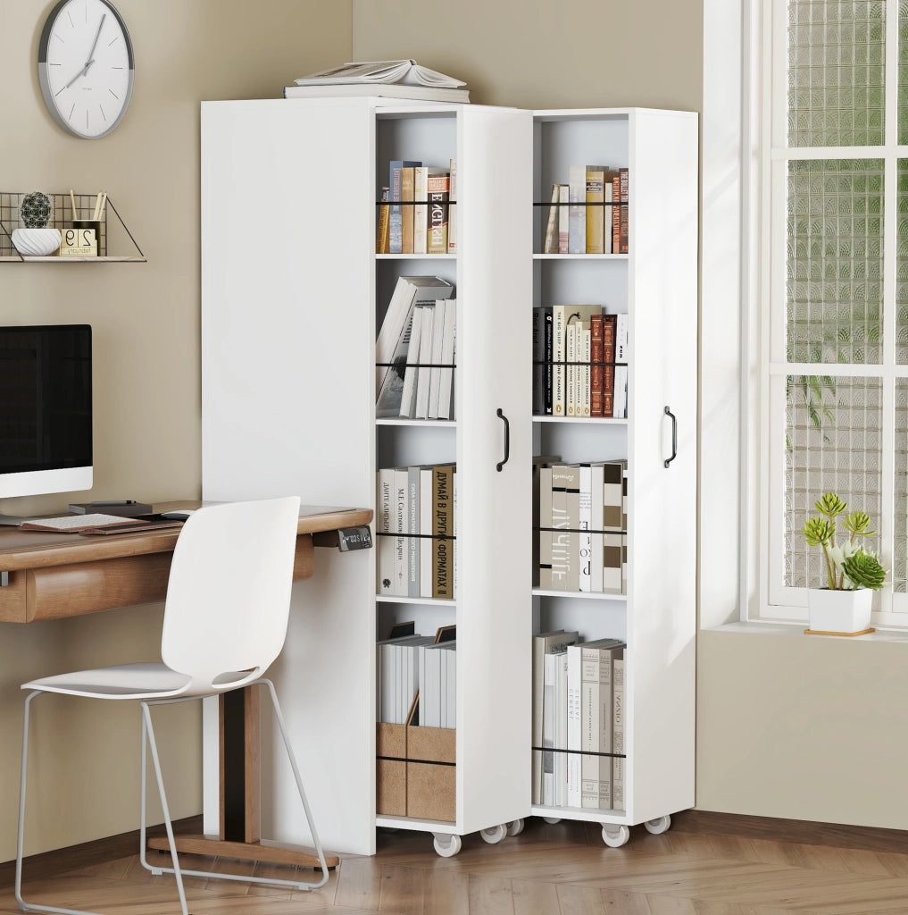 Libreria estensibile ULEVR 51,5x41x158 cm con ruote, 4 ripiani per modulo e barre metalliche, bianca
