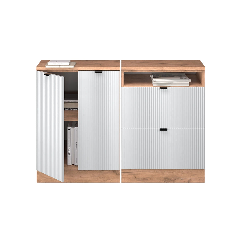 Set di mobili sottotetto Rion Ondulazione bianca/Rovere dorato 120 cm Set di 2 carcasse armadio profondità 60 cm Vicco