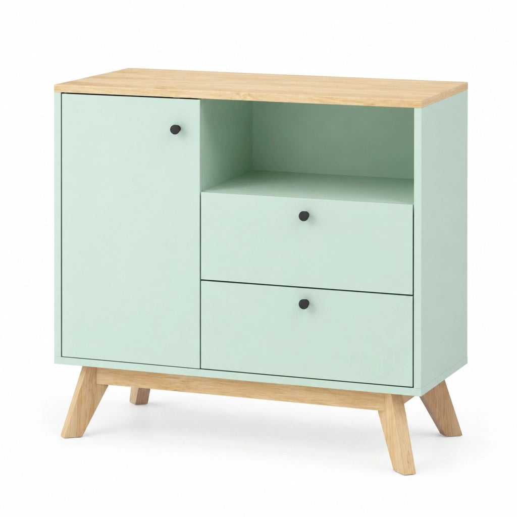 Credenza verde chiaro e rovere con 2 cassetti