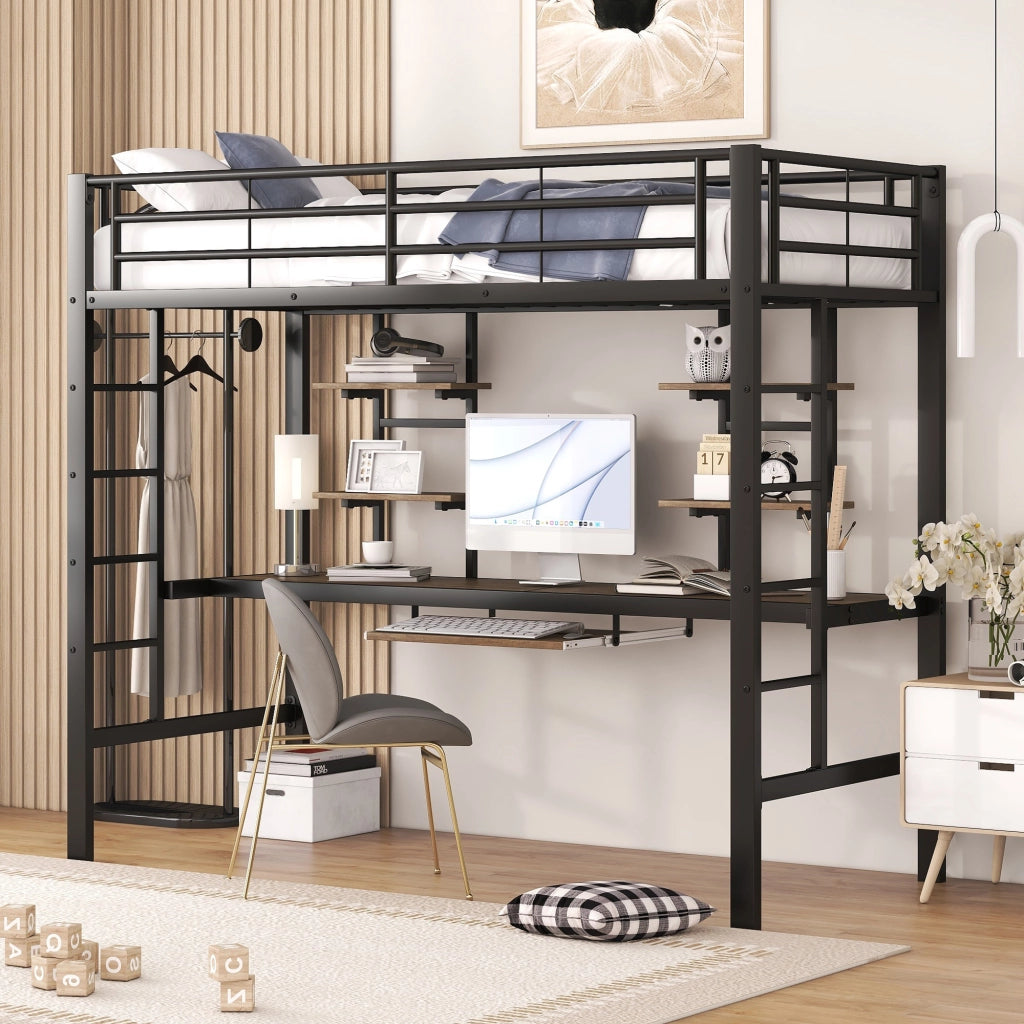 Letto a Soppalco Letto Singolo con Scrivania; 2 Scaffali e Ripiano; 90×200 cm; senza Materasso; Nero