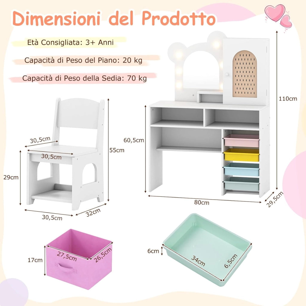 Toeletta per Bambine 3+ Anni, Set Tavolo e Sedia con Luci da Principessa con 5 Cassetti e 2 Scomparti, Armadietto con Porta e Scaffale Aperto, Ideale per Cameretta Bambina (Bianco)