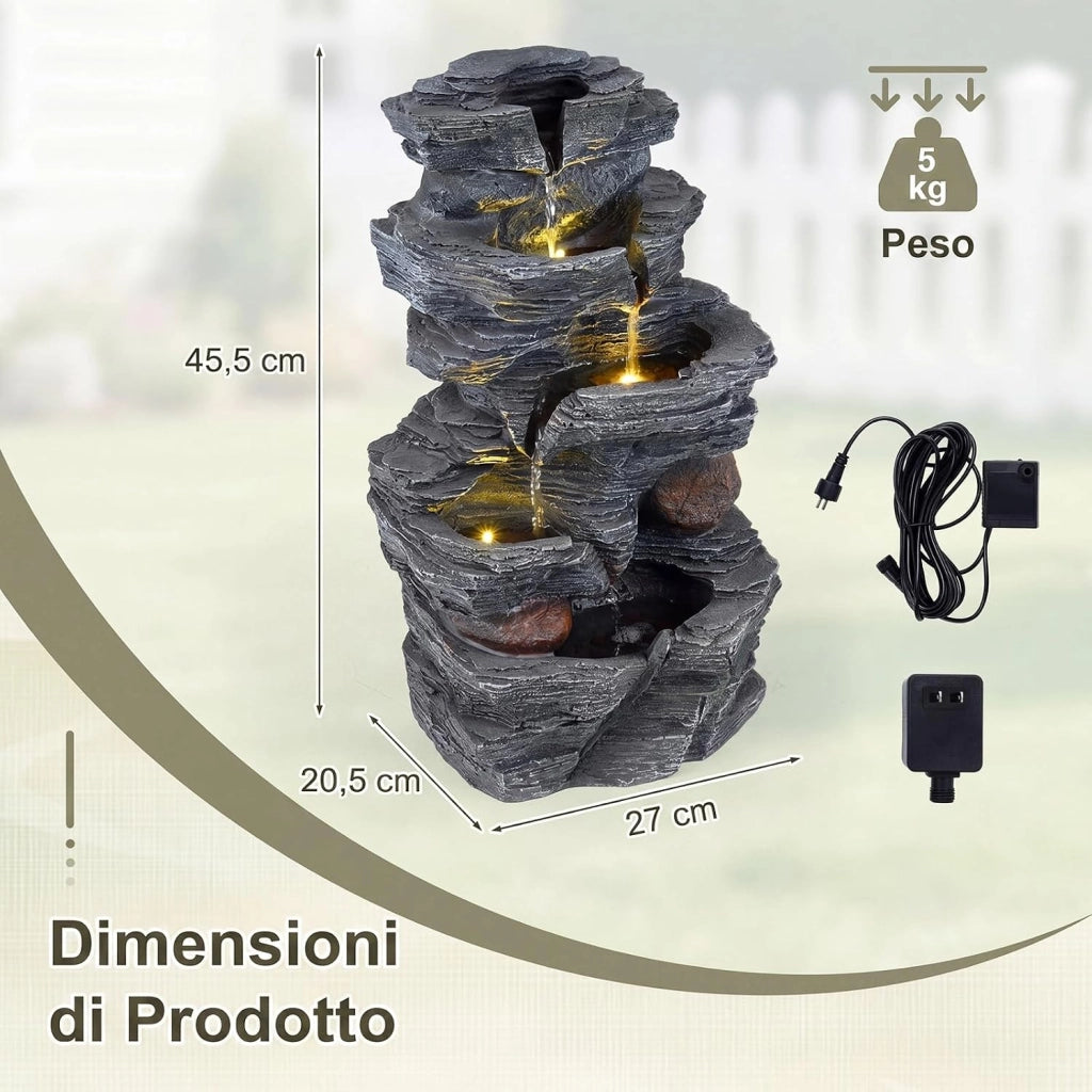 Fontana da Giardino, Fontanella Elettrica da Tavolo con Luci LED | Fontana Cascata in Resina a 5 Livelli con Flusso d'Acqua Regolabile e Pompa, da Interno ed Esterno per Terrazzo e Cortile