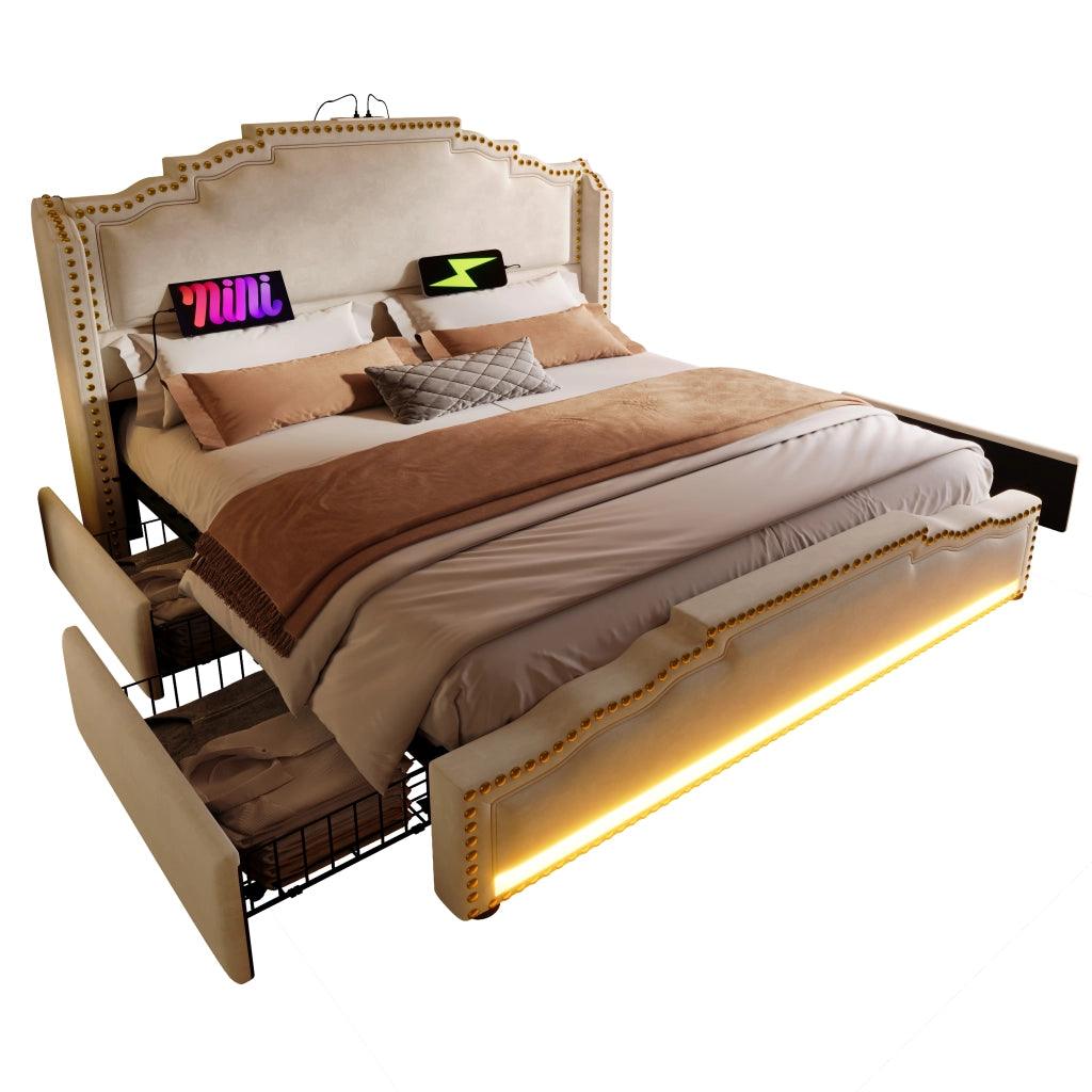 OKWISH Letto con Cassetti 140×200 cm, Letto Matrimoniale con 4 Cassetti, LED Regolabile e USB e Tipo C, senza Materasso, Velluto, Beige