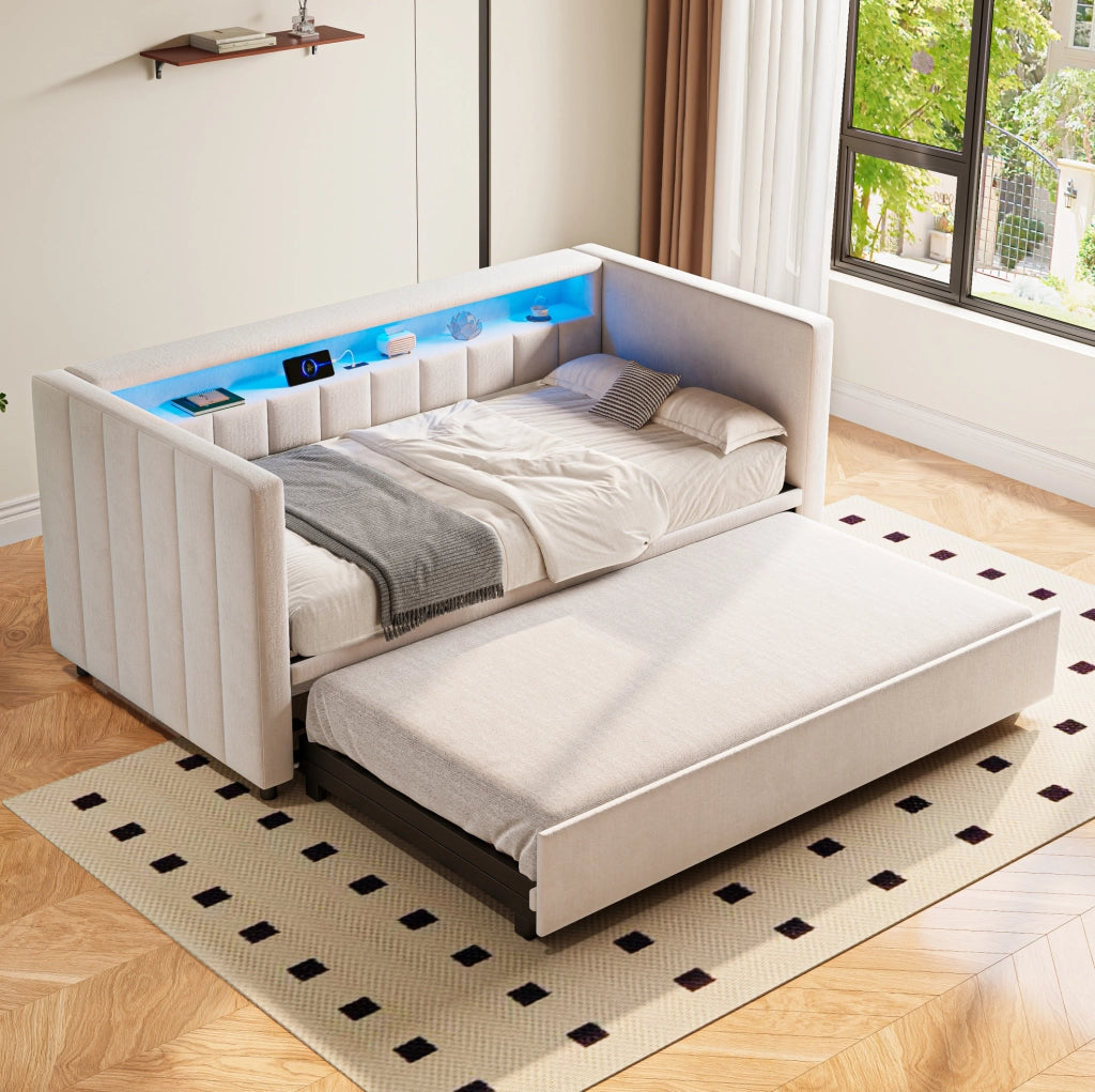 Divano letto 90x190 cm estraibile con LED e USB in velluto beige