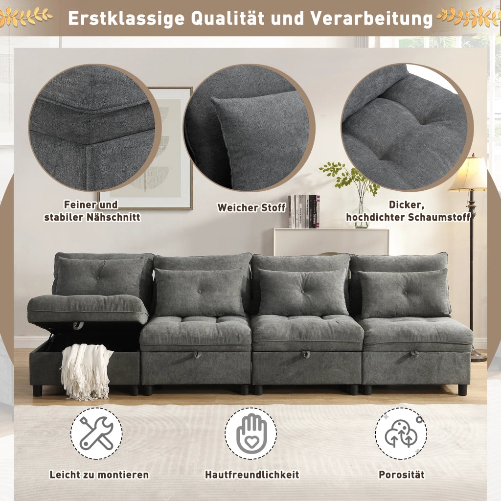 DIVANO modulare 4 posti in chenille grigio antico con contenitore