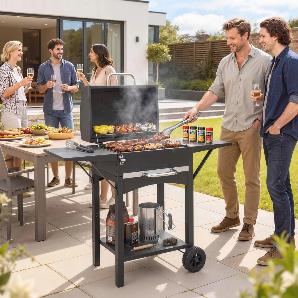 Barbecue a Carbone con 2 Ripiani Laterali, Termometro, Coperchio e Ruote, 110x46.5x101 cm, Nero