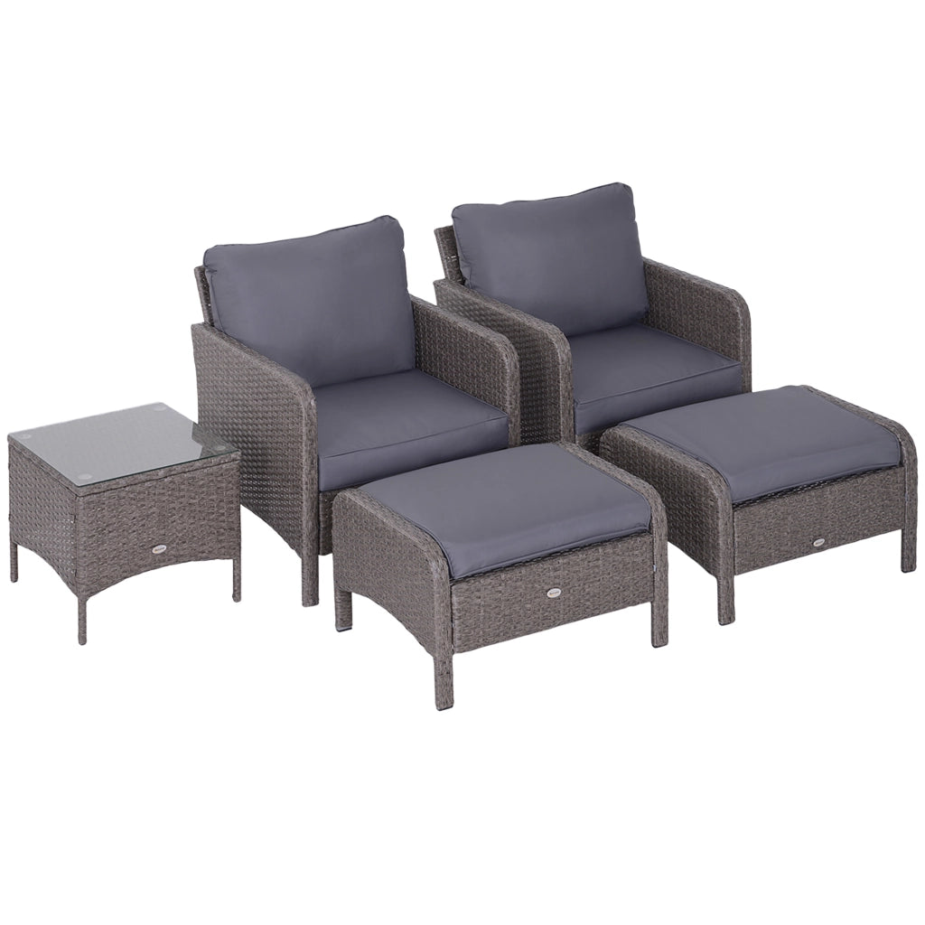 EasyComfort Set Mobili da Giardino 2 Poltrone 2 Poggiapiedi 1 Tavolino in Vetro Temperato Rattan Grigio