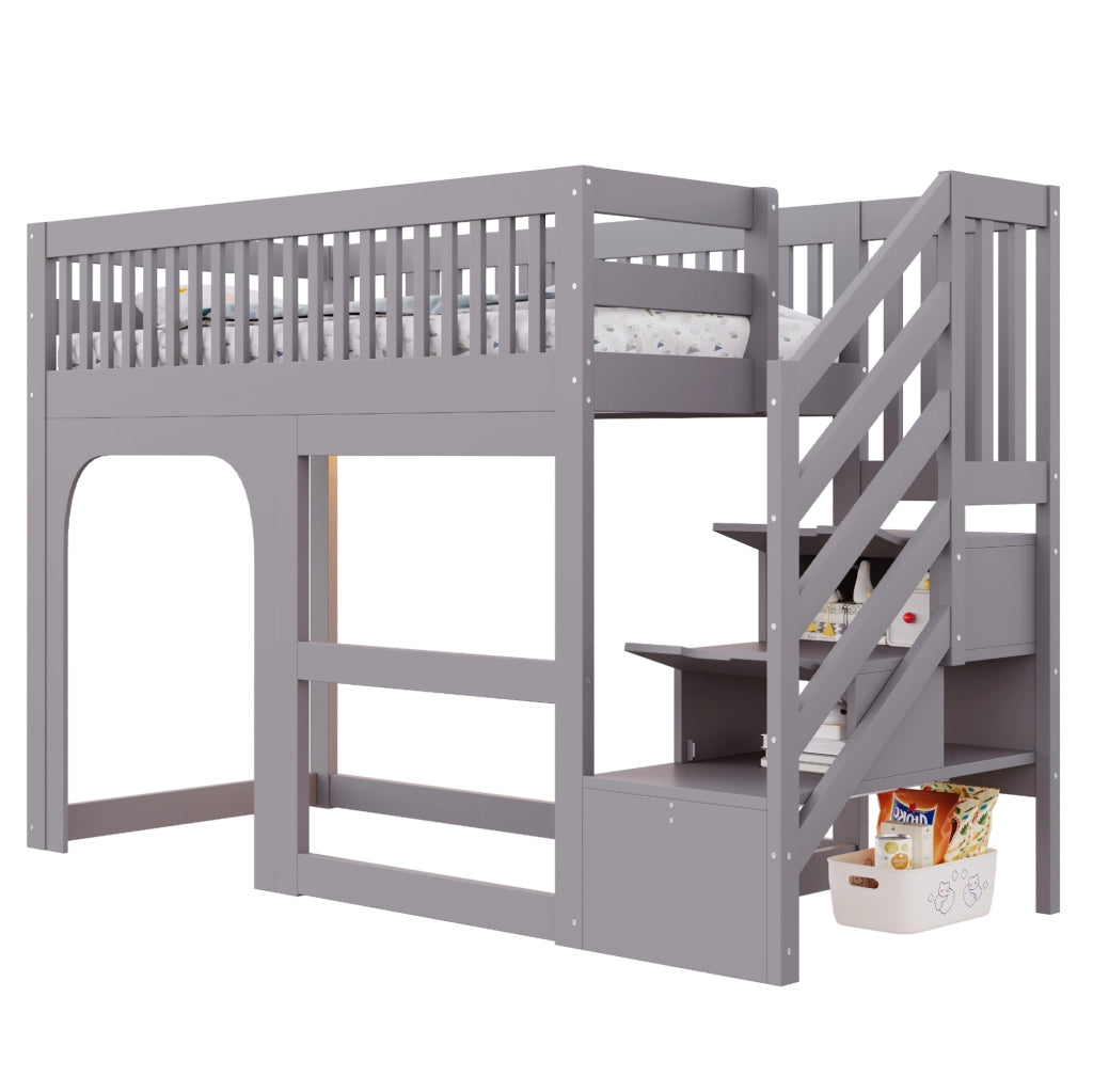 Letto a soppalco per bambini 90x200 cm in legno grigio con scala contenitore e LED