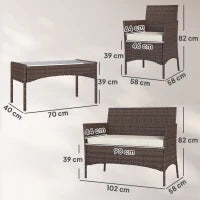Set da Giardino 4 Pezzi con Divano 2 Posti, 2 Sedie e Tavolino Basso, in Rattan e Acciaio, Beige e Marrone