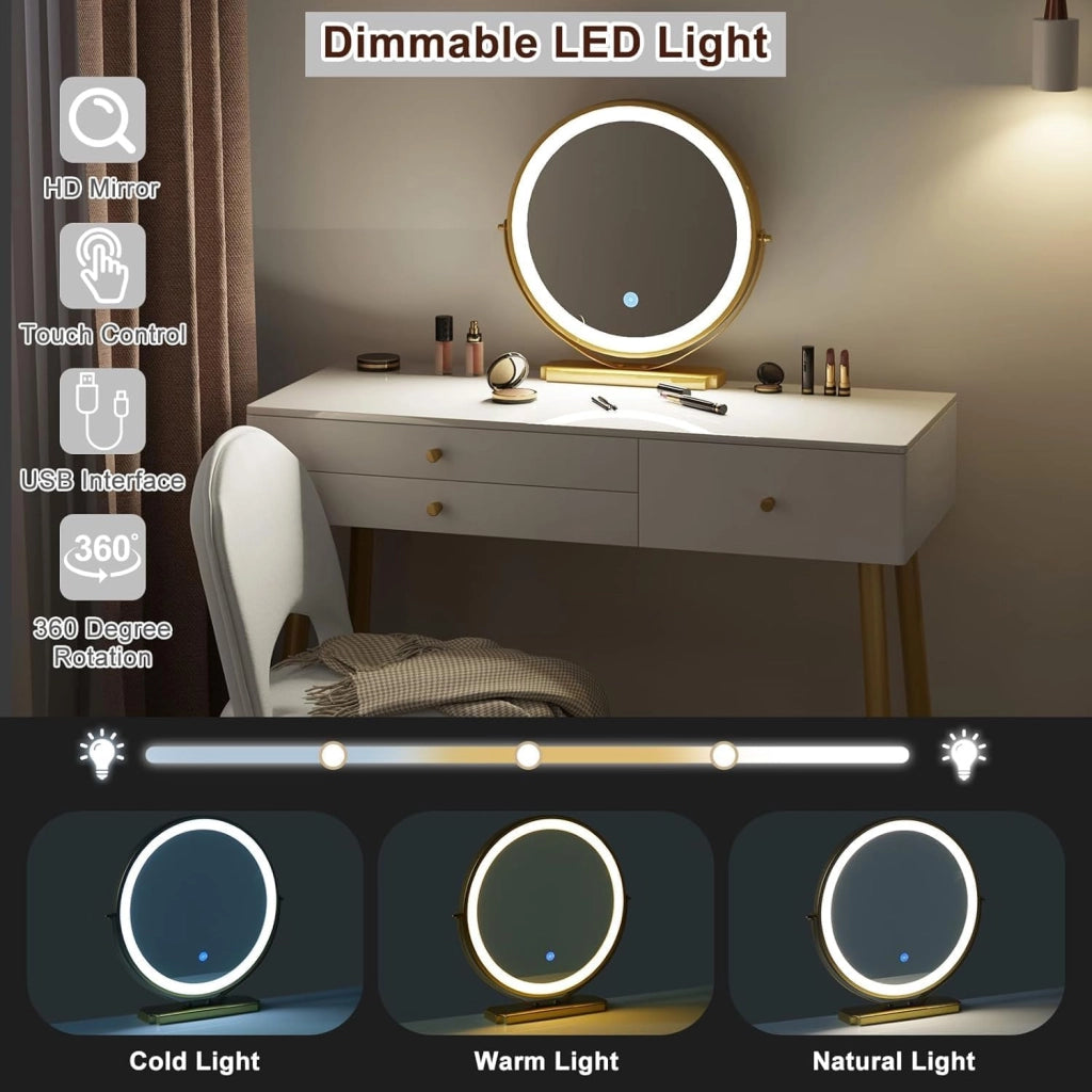Set Toeletta con Specchio LED 3 Temperature, Sgabello in Velluto, 3 Cassetti in Legno Massello, 100×40×122 cm, Tavolo Trucco Moderno Bianco Champagne