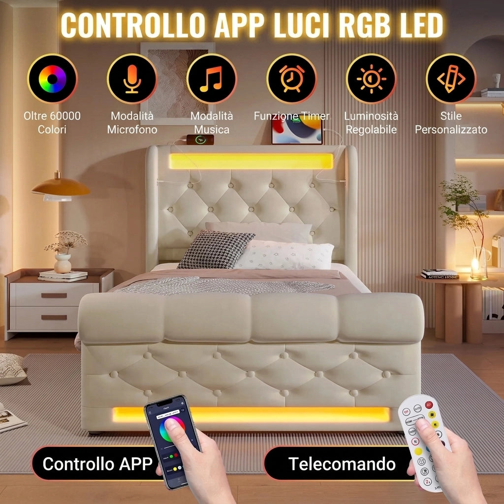 Letto singolo 90x200 contenitore idraulico con LED e prese USB; in velluto; beige