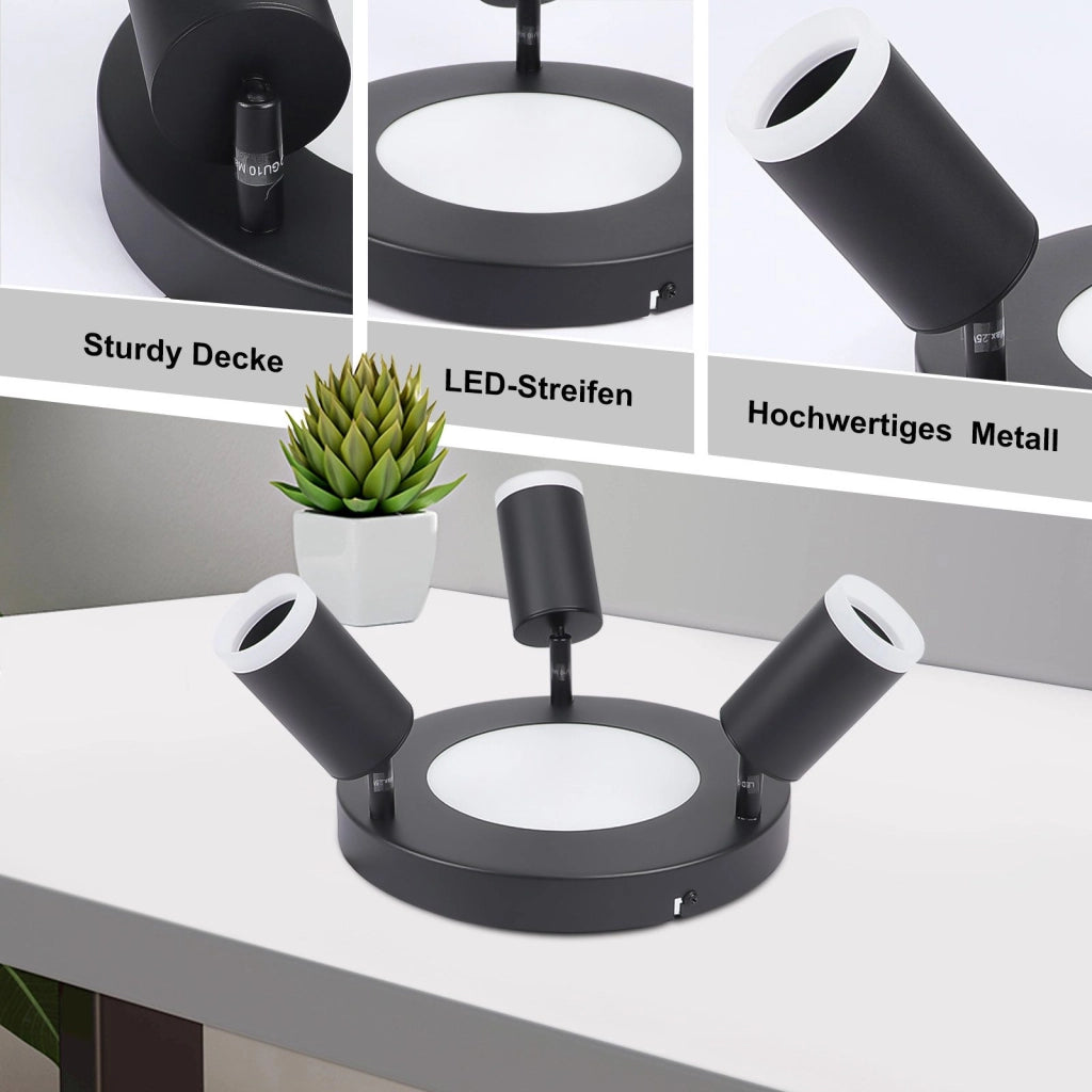 ZMH Faretto da soffitto 3 lampadine GU10 20W camera 3000k nero lampada cucina orientabile 350 orientabile in metallo
