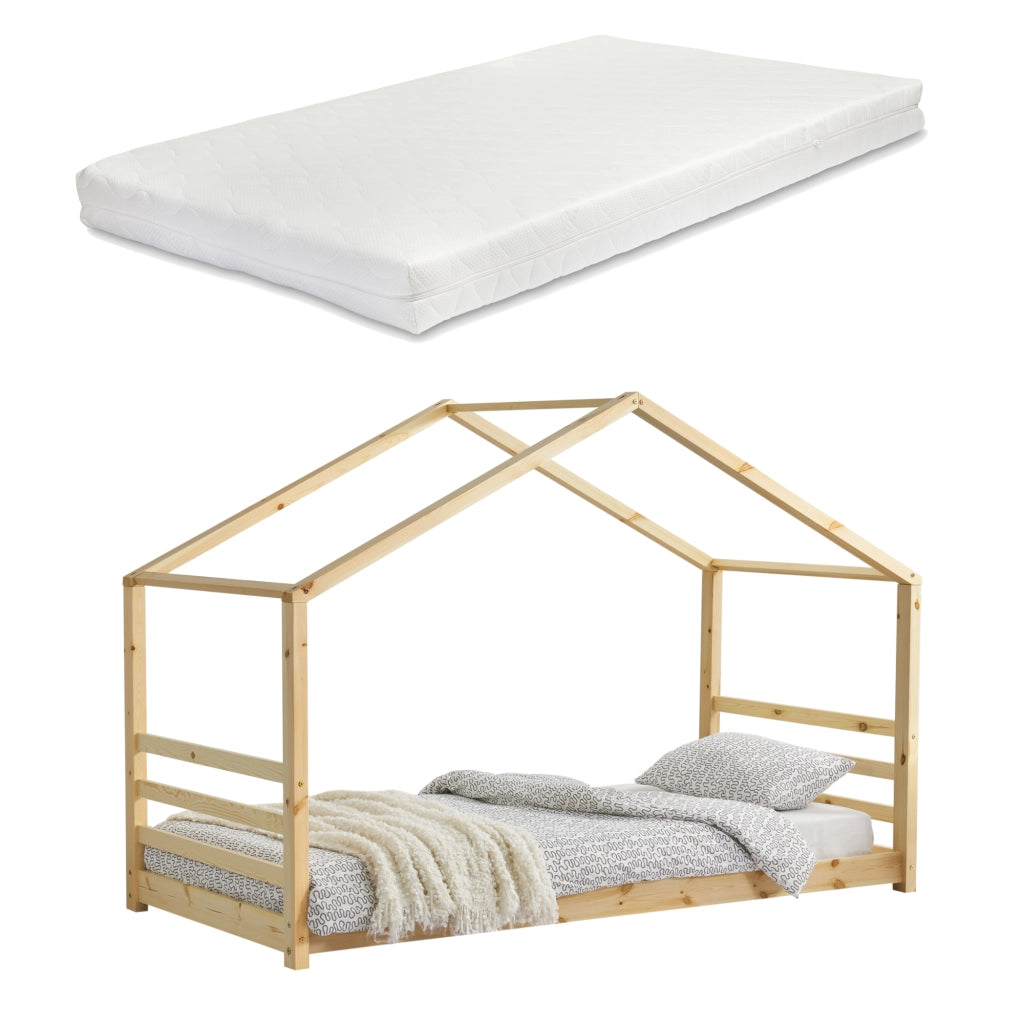 Letto a Casetta per Cameretta Vardø con Materasso 90x200 cm Legno Naturale [en.casa]