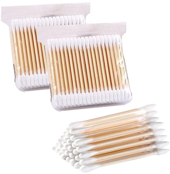 Stecchi in Watten per Orecchie 200 pezzi - Maniglie in Bambù/Legno - Sostenibili/Ambientali - Cuffie Doppie - Pulizia Orecchie/Cura Ferite - Utilizzo Comodo