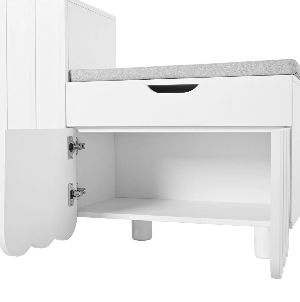 Scarpiera 90x35x74.5 cm con cassetto e seduta imbottita in MDF bianco