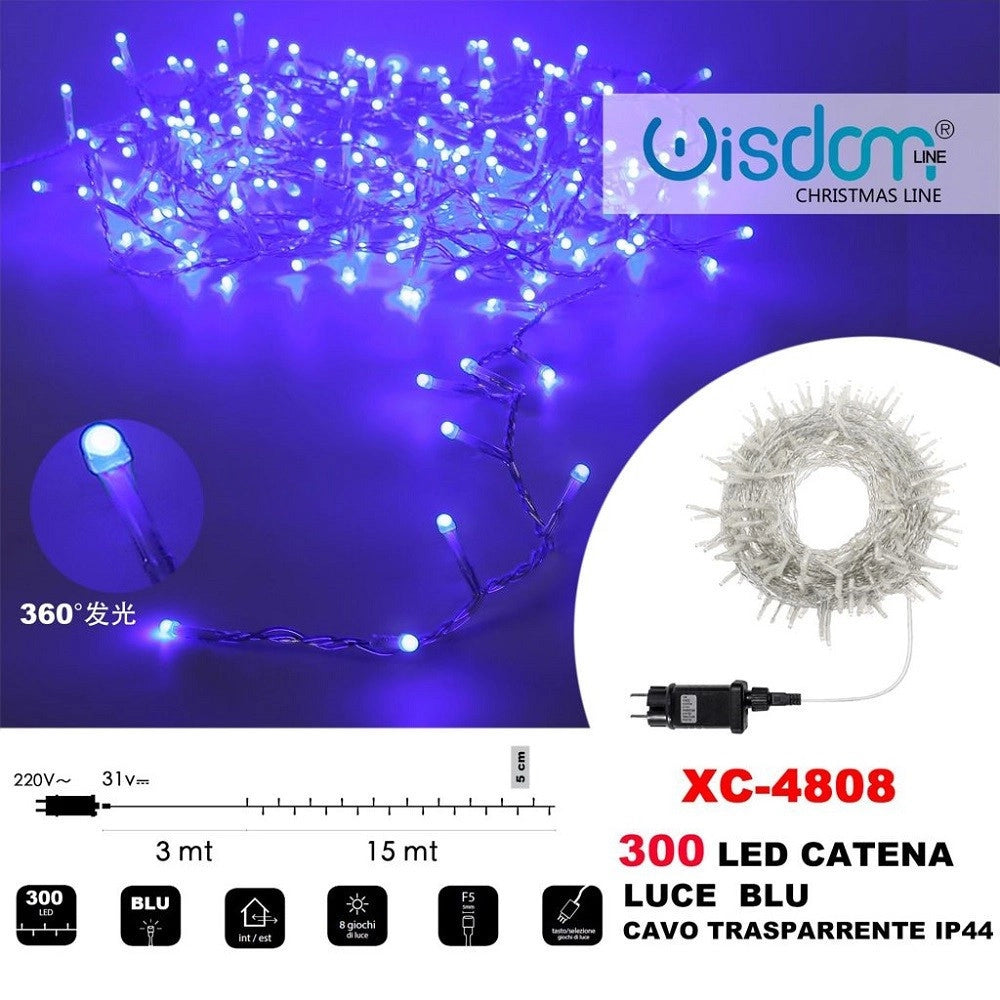 Trade Shop - Catena Luminosa 300 Luci Led Lucciole Luce Blu Cavo Trasparente Ip44 Xc-4808 -