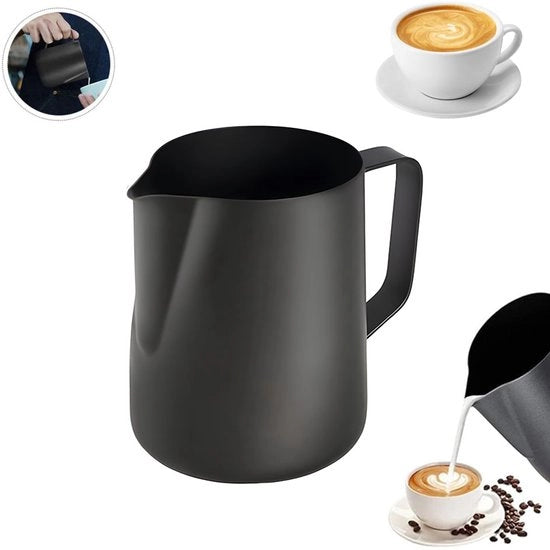 Melkopschuimkan in Acciaio Inox - 350ml - Melkkannetje opschuim - Barista Melkkan - Melkopschuimkannen - Opschuim - Pitcher di Latte - Arte del Latte - Preparazione del Caffè - Caffè - Per cappuccino, caffè, latte e espresso - Nero