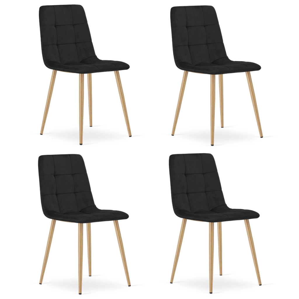Set di 4 Sedie Kara in Velluto Nero con Gambe Effetto Legno
