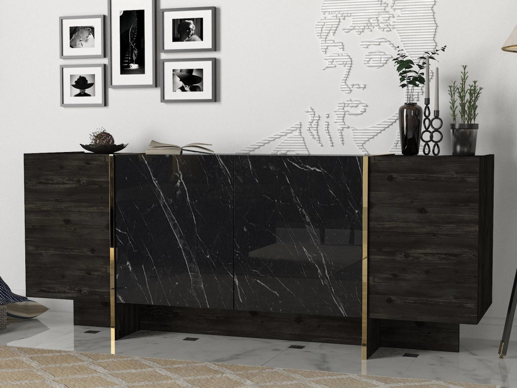 Credenza in legno "Veyron" - 180 x 46 x 75 cm - Nero/Oro