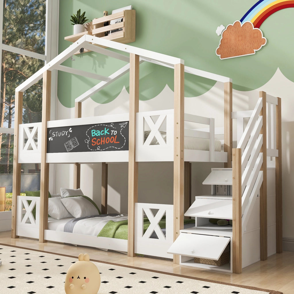 Letto a Soppalco 90x200 cm; Singolo; con Scala contenitore e Lavagna - Bianco Naturale