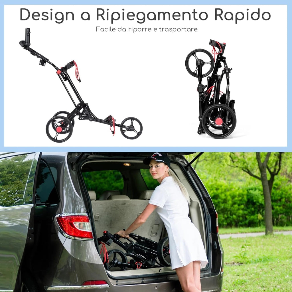 Carrello da Golf Pieghevole con 3 Ruote, Trolley da Golf con Portaombrelli e Porta Bicchiere, Golf Cart Apertura e Chiusura Facile, Nero