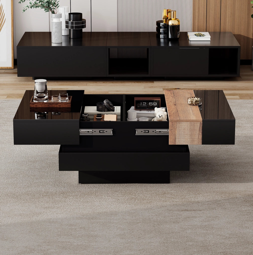 Tavolino da caffè 70x70x39 cm con piano estraibile e contenitore nascosto in MDF nero