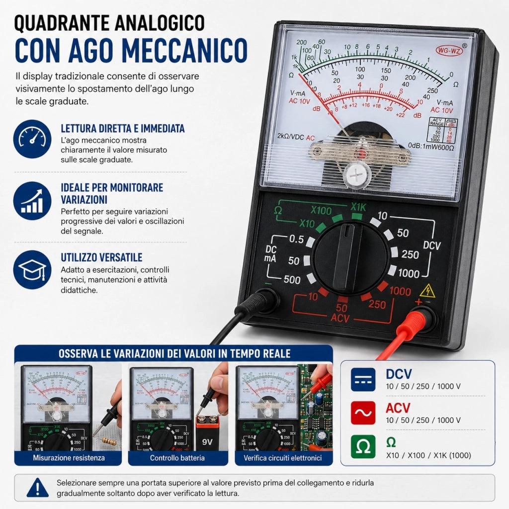 Multimetro Analogico AC/DC 1000 V con Puntali e Batteria VHT02260