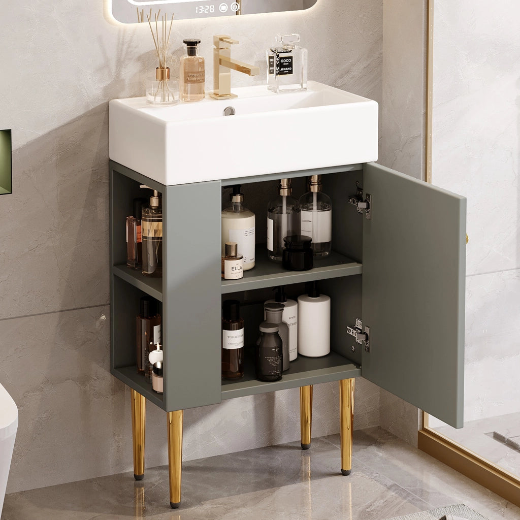 Mobile da bagno con vano contenitore e ripiani laterali - per bagno - in MDF - grigio bianco - 68.5×52.6×32.28 cm