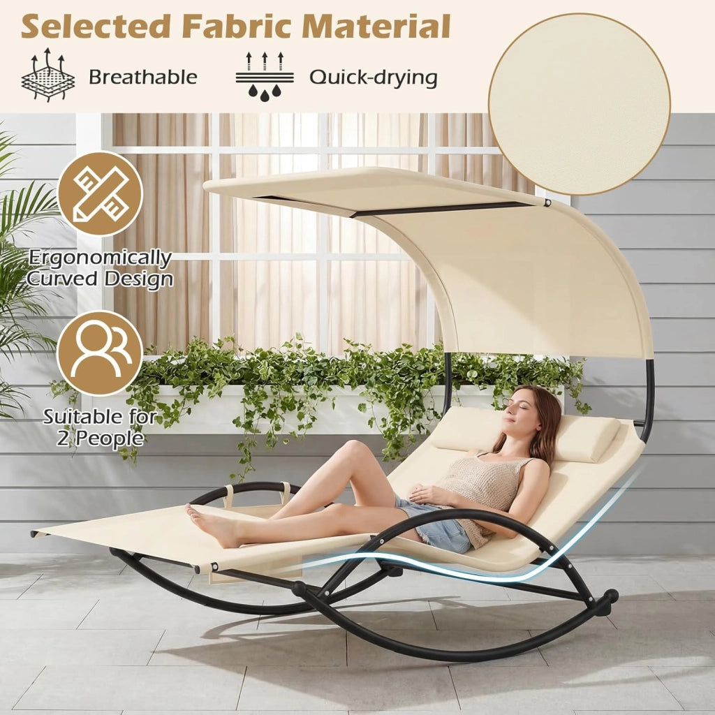 Poltrona a Dondolo Doppia, Lettino a Dondolo con Tettoia, Cuscini Poggiatesta, Braccioli e Struttura in Metallo, Lettino a Dondolo per Patio, Cortile, Bordo Piscina (Beige)