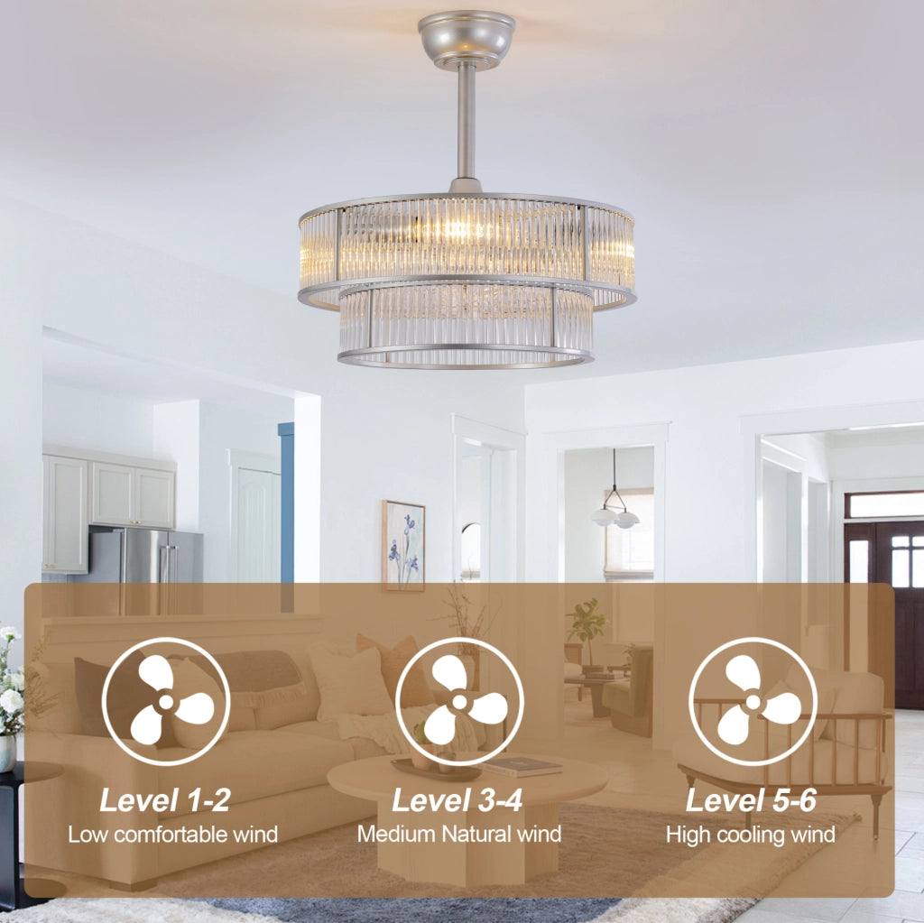 VENTILATORE da soffitto con luce, cristalli e 6 velocità Argento