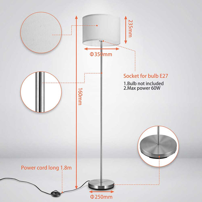 Lampada Piantana da Terra 160cm Design Moderno Paralume E27 60W Tessuto Bianco