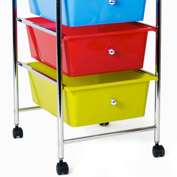 Carrello Estetista In Acciaio Cromato Cassettiera 3 Cassetti Colorati E 4 Ruote
