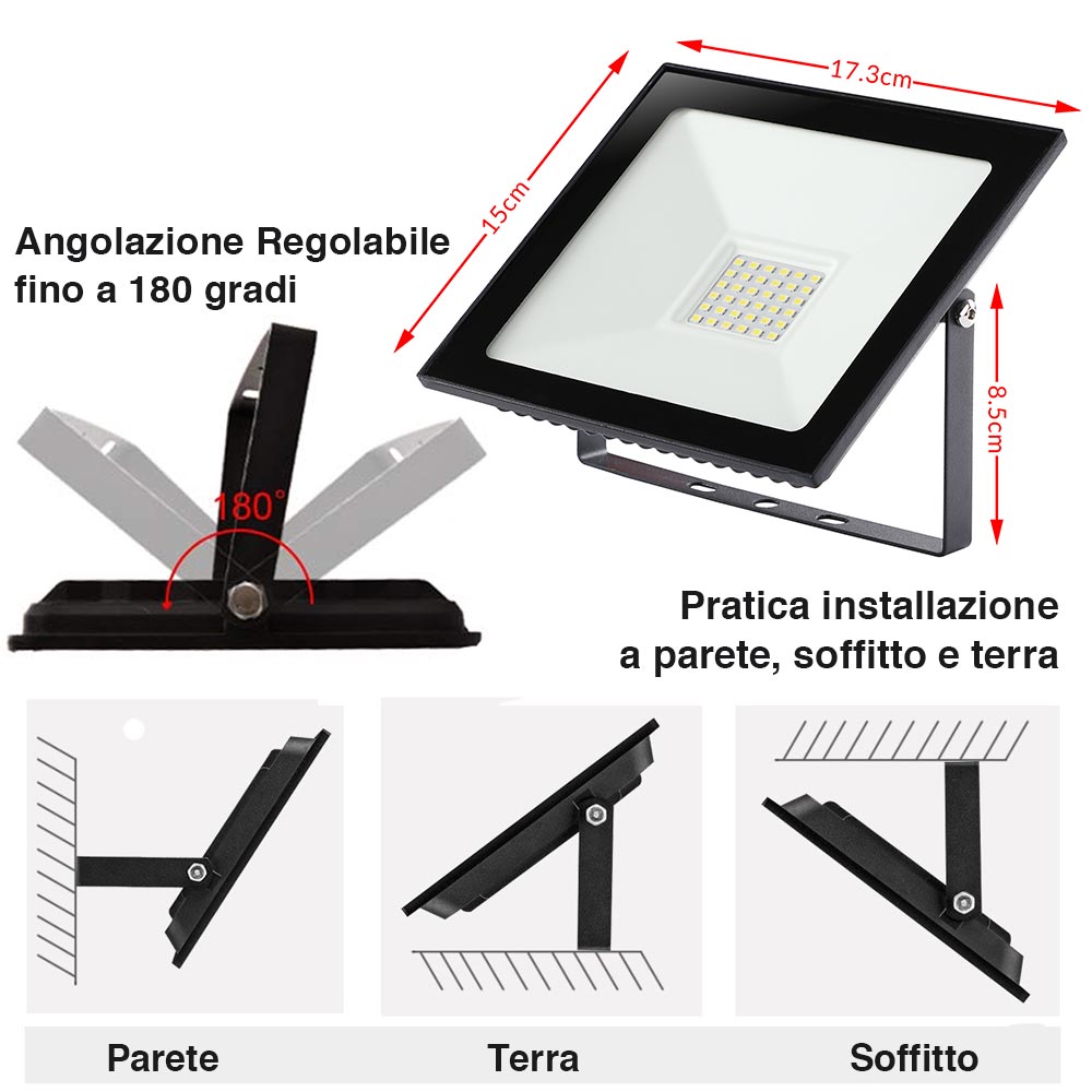 Set 2 Fari Led 30W Luce Alta Luminosita 3000lm Bianco Faro Faretti Esterno Slim