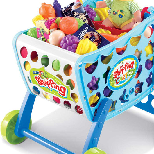 Carrello Spesa Supermarket per bambini colore Azzurro con Frutta e Verdura 3in1