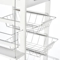 Carrello da Cucina Salvaspazio in Legno Bianco, Portavivande con 1 Piano di Lavoro 1 Cassetto e 4 Cestelli Metallici, 47x37x83cm