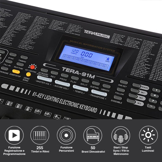 Tastiera Musicale Pianola Elettronica 61 Tasti Luminosi Pianoforte Attacco Aux