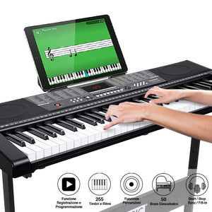 Tastiera Musicale Pianola Elettronica 61 Tasti con Supporto Sgabello e Cuffie