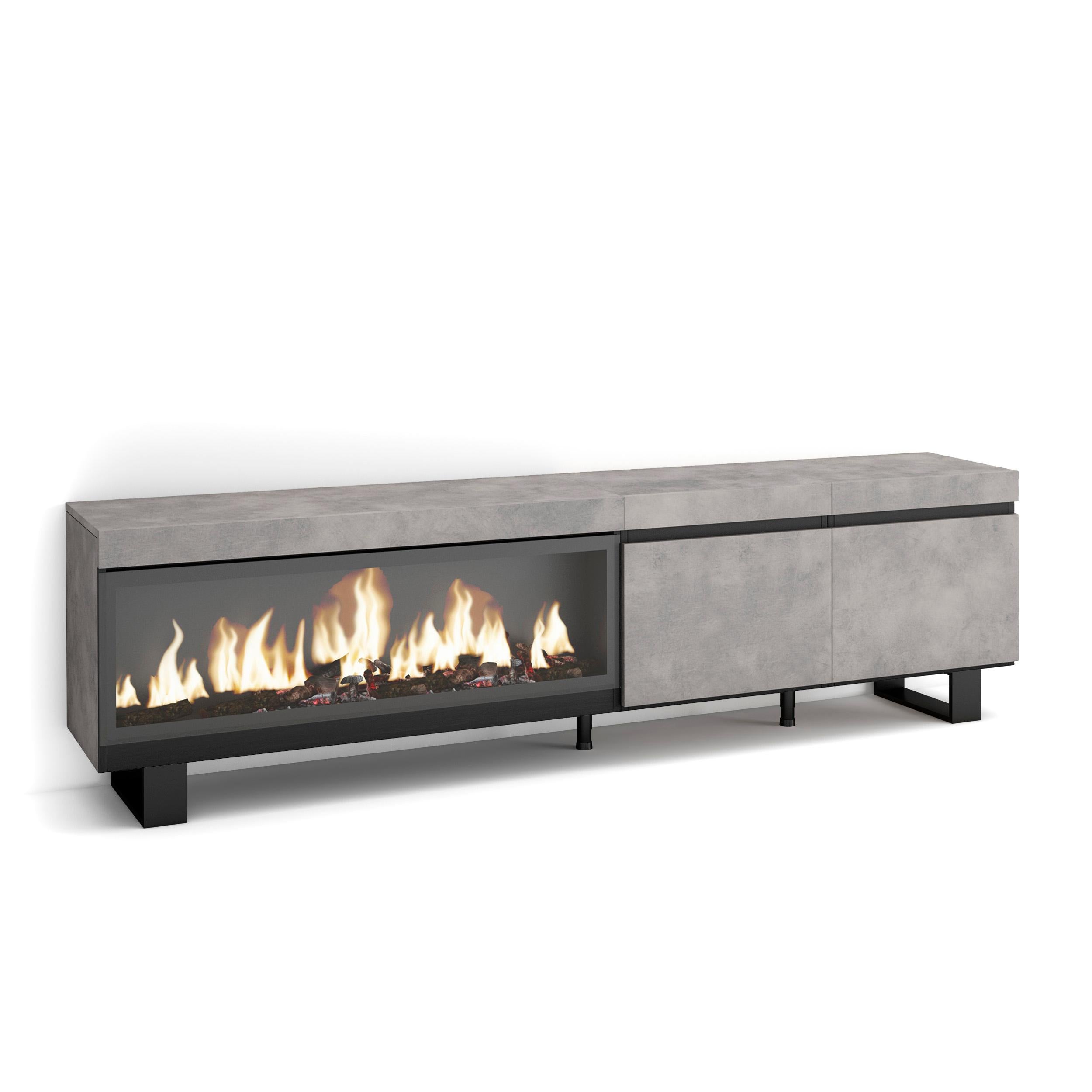 Mobile TV, Soggiorno, 208x35x57cm, Per TV fino a 80", Camino elettrico XXL, Design industriale, grigio cemento RF3205