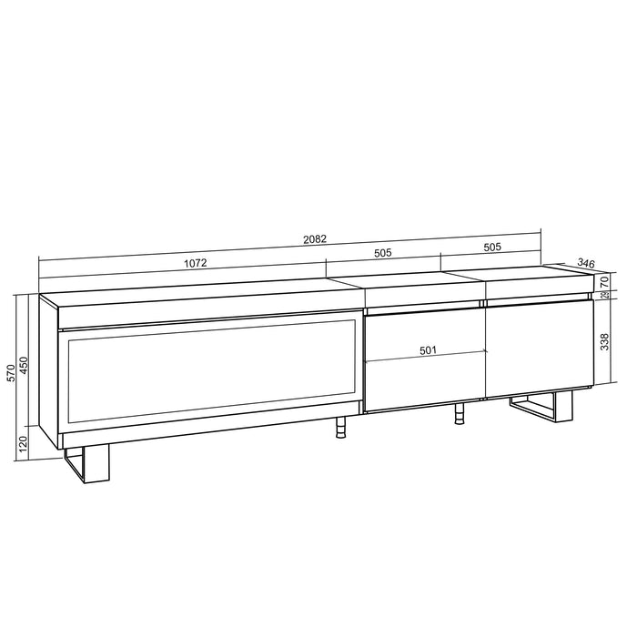 Mobile TV, Soggiorno, 208x35x57cm, Per TV fino a 80", Camino elettrico XXL, Design industriale, grigio cemento RF3205